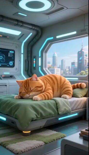 プロンプトのプレビュー: 近未来アニメ風の猫のモーニングルーティン