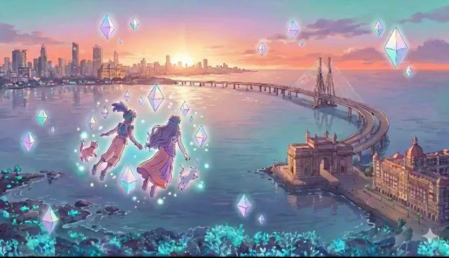 プロンプトのプレビュー: ムンバイの空を飛ぶアニメの女の子たち
