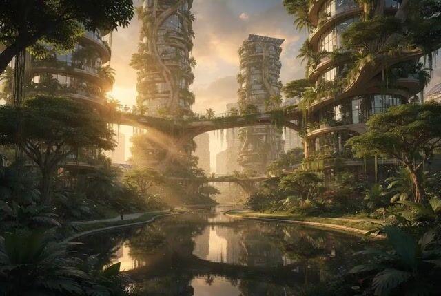 Aperçu du prompt: Mégapole biophilique solarpunk cinématographique à l'heure dorée