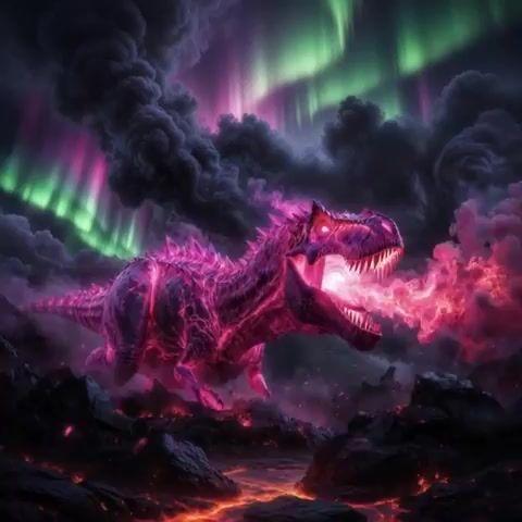 Promptvoorbeeld: Colossal pink Tyrannosaurus Rex infused with ancient magic