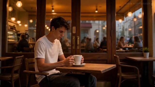 ตัวอย่างพรีวิวพรอมต์: พรอมต์สำหรับชายหนุ่มในคาเฟ่