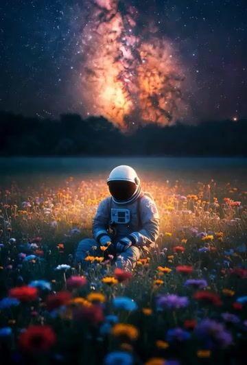 Promptvoorbeeld: Lonely Astronaut in Flower Field Under Cosmic Sky
