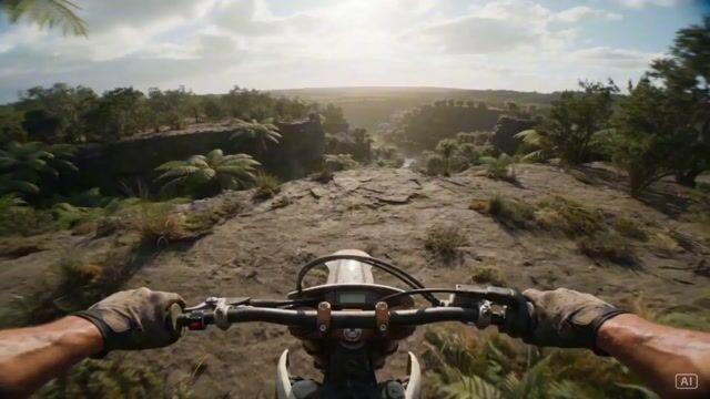 プロンプトのプレビュー: 先史時代のダートバイク POV:恐竜とのレース