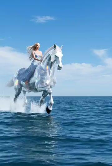 Promptvoorbeeld: Shiny crystal horse with an elegant woman crossing the sea