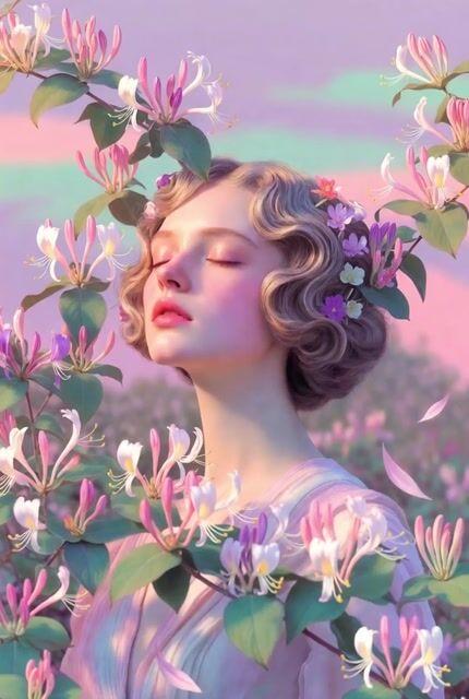 Anteprima del prompt: Fiori di caprifoglio in una luce da sogno pastello