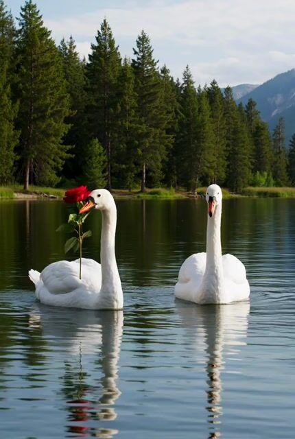 Anteprima del prompt: Cigni che si lanciano una rosa sul lago