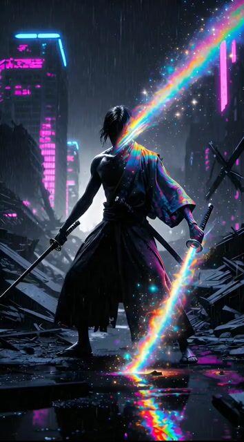 Aperçu du prompt: Ronin à double lame dans un désert post-apocalyptique néon