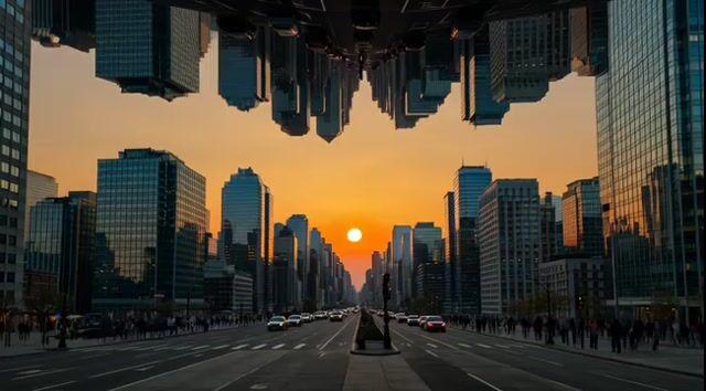 Prompt-Vorschau: Grok Imagine Prompt: Eine zweite Stadt hängt kopfüber über einer realen Stadt