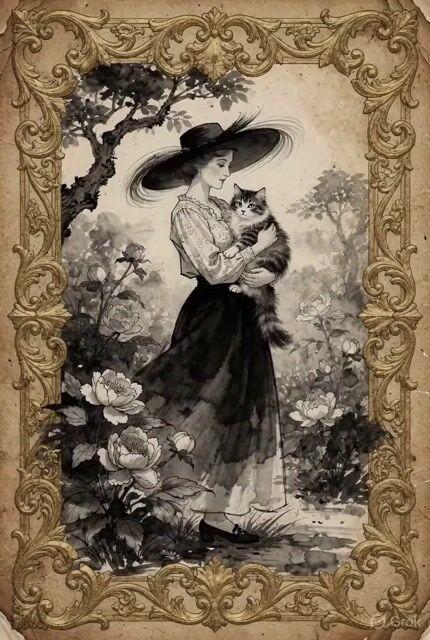 Aperçu du prompt: Illustration vintage d'une dame victorienne avec un chat