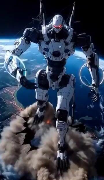 Vista previa del prompt: Aterrizaje orbital de un mecha gigante
