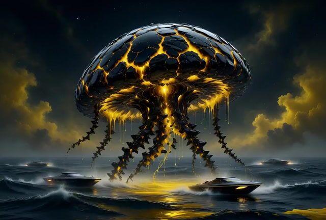 Prompt-Vorschau: Kinoartige Nachtszene mit riesigen biolumineszenten Quallen