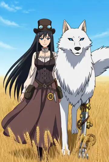 Prompt-Vorschau: Anime-Frau mit Steampunk-Wolf im Weizenfeld