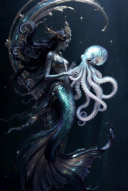 Anteprima del prompt: Sirena dell'Abisso Celeste e Guardiano Polpo