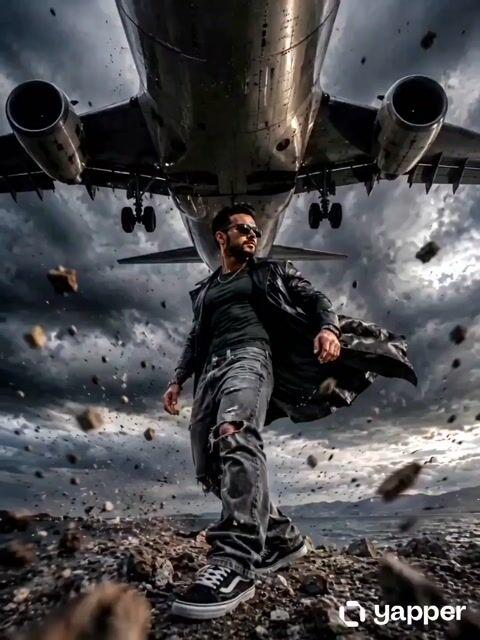 プロンプトのプレビュー: アクション映画のような飛行機の低空飛行