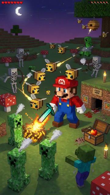 Anteprima del prompt: Battaglia di Mario in Minecraft