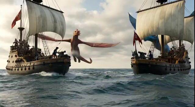 Aperçu du prompt: Scénario de vidéo : Bataille navale avec des dragons dans les années 1800