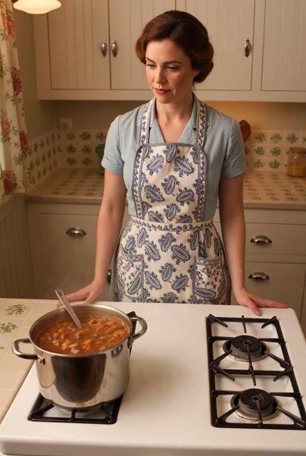 Aperçu du prompt: Scène de cuisine des années 1950 avec une femme qui cuisine
