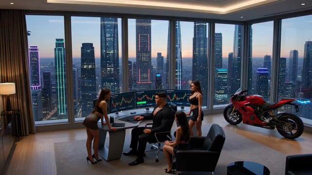 Prompt-Vorschau: Krypto-Memecoin-Degen-Trading in einem Cyberpunk-High-Rise-Junggesellenbude