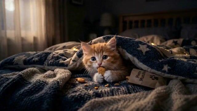 プロンプトのプレビュー: 子猫がこっそりおやつを食べるシネマティック動画プロンプト