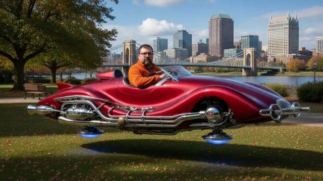 Prompt-Vorschau: Park-Szene in Cincinnati mit schwebendem Auto