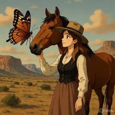 İstem önizlemesi: Ghibli tarzı Vahşi Batı kadını ve kelebek video istemi