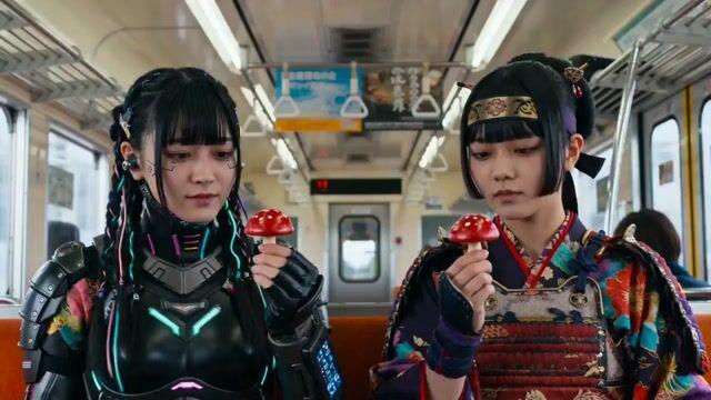 プロンプトのプレビュー: 電車の中でのキノコと花のスーパーパワー