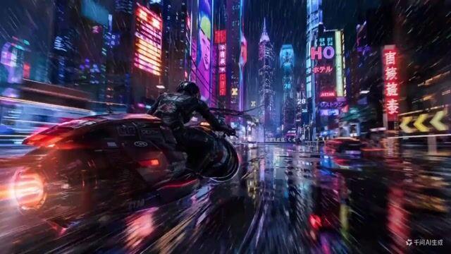 プロンプトのプレビュー: サイバーパンク・サイバー漫画風バイクチェイス用プロンプト