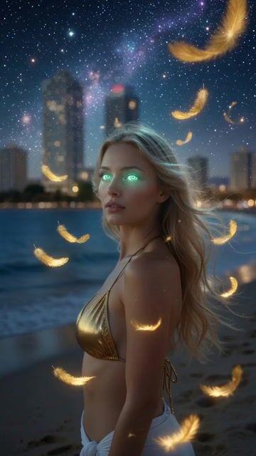 プロンプトのプレビュー: 神秘的な海の生き物と天からの訪れ