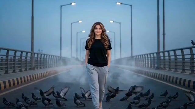 Promptforhåndsvisning: Cinematic Girl and Pigeons on Bridge