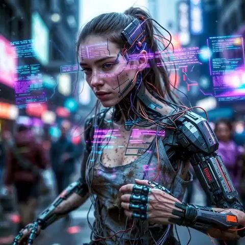 Pré-visualização do prompt: Geração de Vídeo Cyberpunk Guerrilla Girl