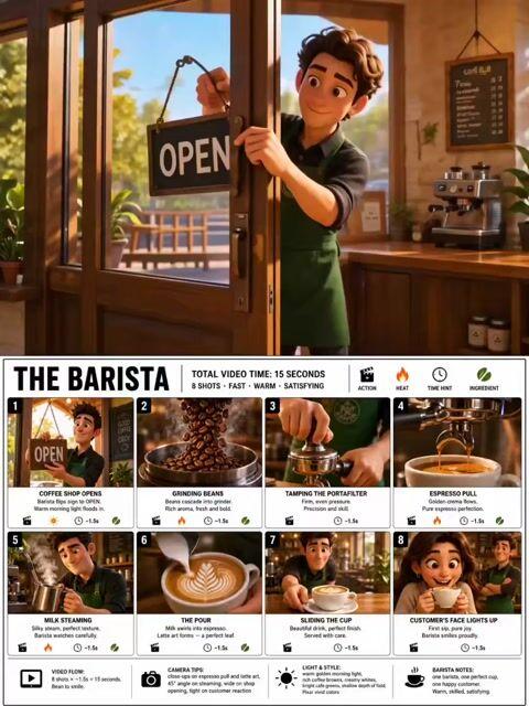 プロンプトのプレビュー: ピクサー風バリスタのアニメーションシーケンス