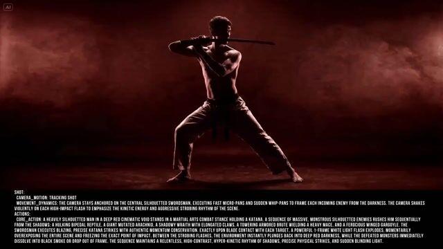 プロンプトのプレビュー: シルエットの剣士による戦闘プロンプト