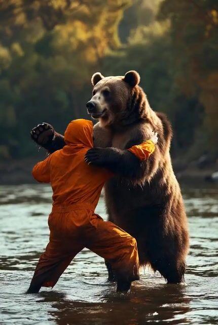 Anteprima del prompt: Animazione di un uomo che lotta con un orso