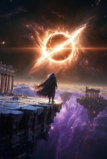 İstem önizlemesi: Nebula Fırtınasının Üzerindeki Yüzen Bir Kalede Yalnız Gezgin