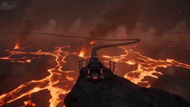 プロンプトのプレビュー: 火山レールライダーのアクションシーン