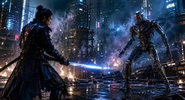 Vista previa del prompt: Combate cinematográfico: Samurái vs. Terminator