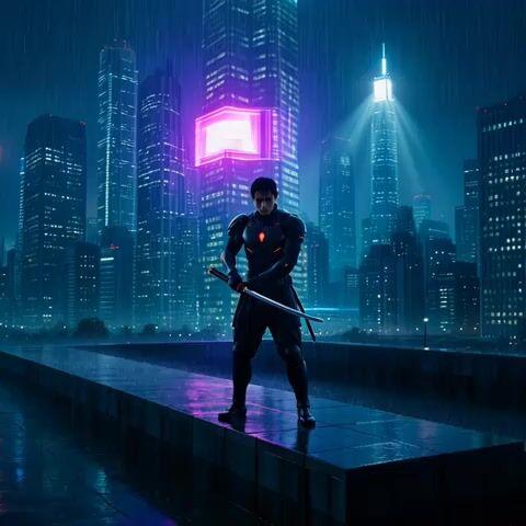 Prompt-Vorschau: Cyberpunk-Samurai im Neon-Regen Tokios