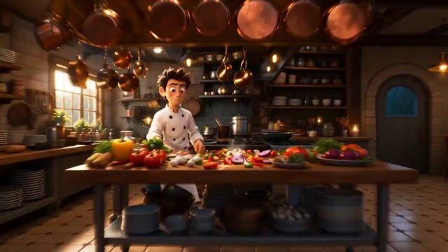 プロンプトのプレビュー: ピクサー風アニメーション:シェフの調理アクション