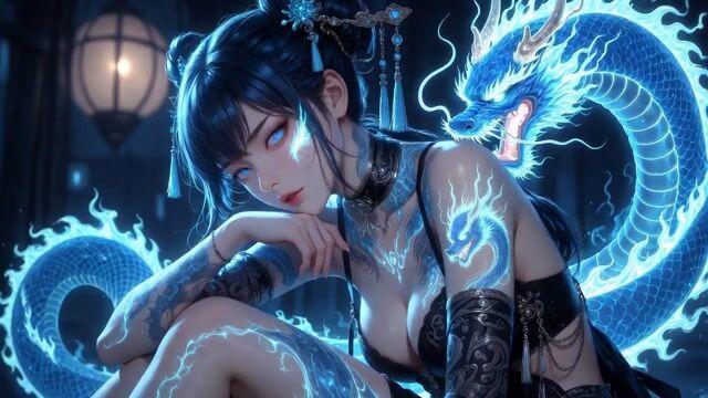 İstem önizlemesi: Biyolüminesan ejderha dövmeleri olan anime tarzı Doğu Asyalı kadın
