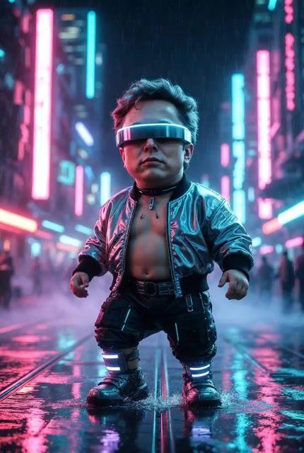 İstem önizlemesi: Siberpunk caddesinde bir teknoloji dahisi olarak Bebek Elon Musk