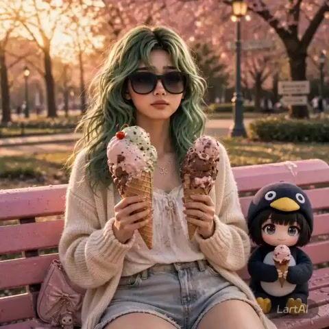 プロンプトのプレビュー: 少女とペンギンのアイスクリーム溶け出しパニック