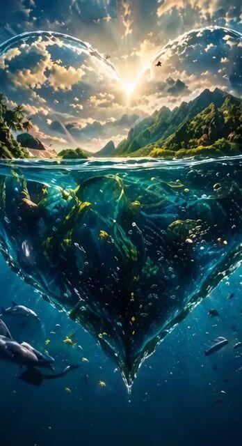 Pratinjau prompt: Cinematic heart-shaped ocean split view
