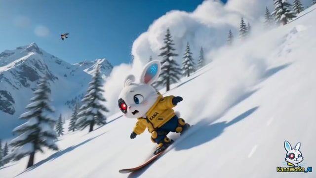 プロンプトのプレビュー: 雪崩から逃げるスキー中のウサギをドローンで撮影