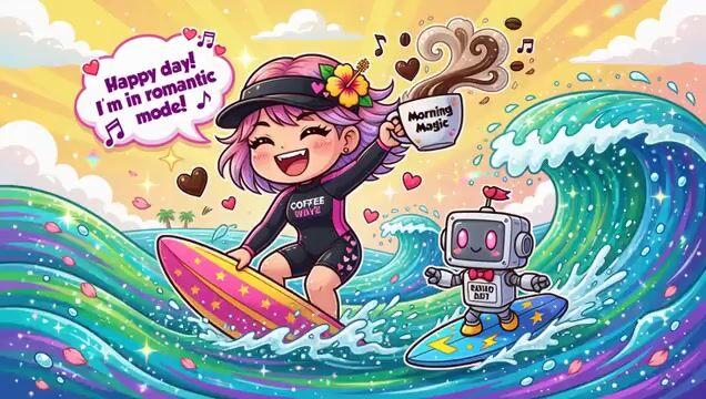 Anteprima del prompt: Ragazza chibi che fa surf su vivaci onde oceaniche