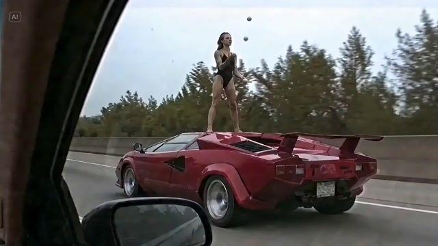 プロンプトのプレビュー: 走行中の車の上でジャグリングをする女性