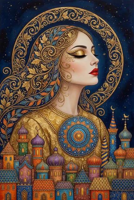 Vista previa del prompt: Perfil de mujer de fantasía intrincado y paisaje urbano