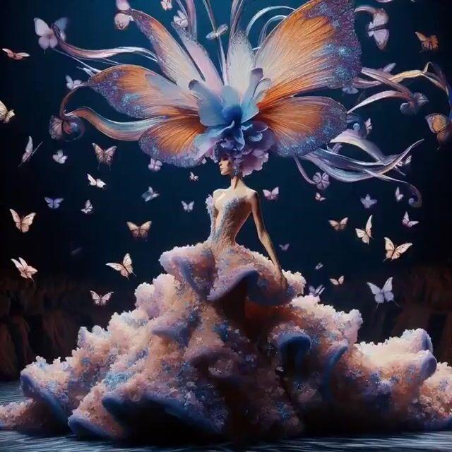 Promptvoorbeeld: Surreal high-fashion fantasy portrait of a butterfly goddess