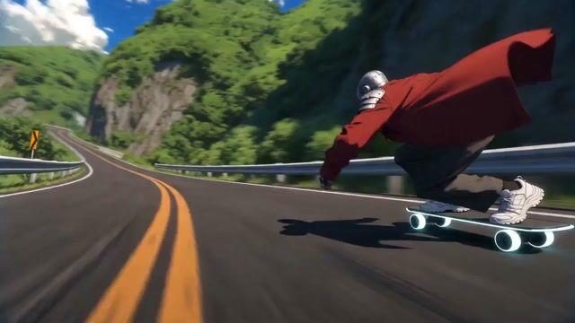 プロンプトのプレビュー: FPV ドローンによるロングボード・レーシング・シークエンス