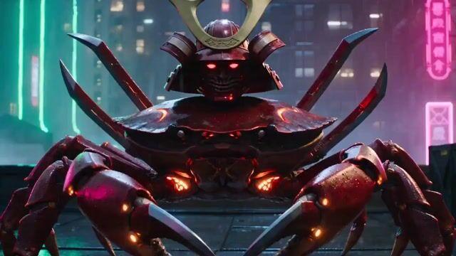 プロンプトのプレビュー: ネオン輝くサイバーパンクなカニ侍のアクション