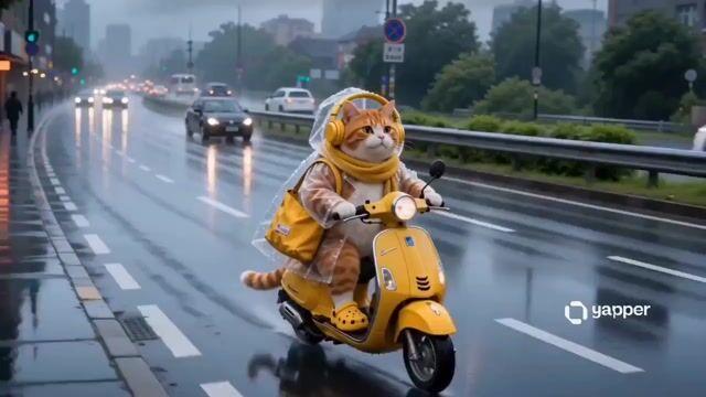 プロンプトのプレビュー: スクーターに乗る茶トラ猫と日本の街並み